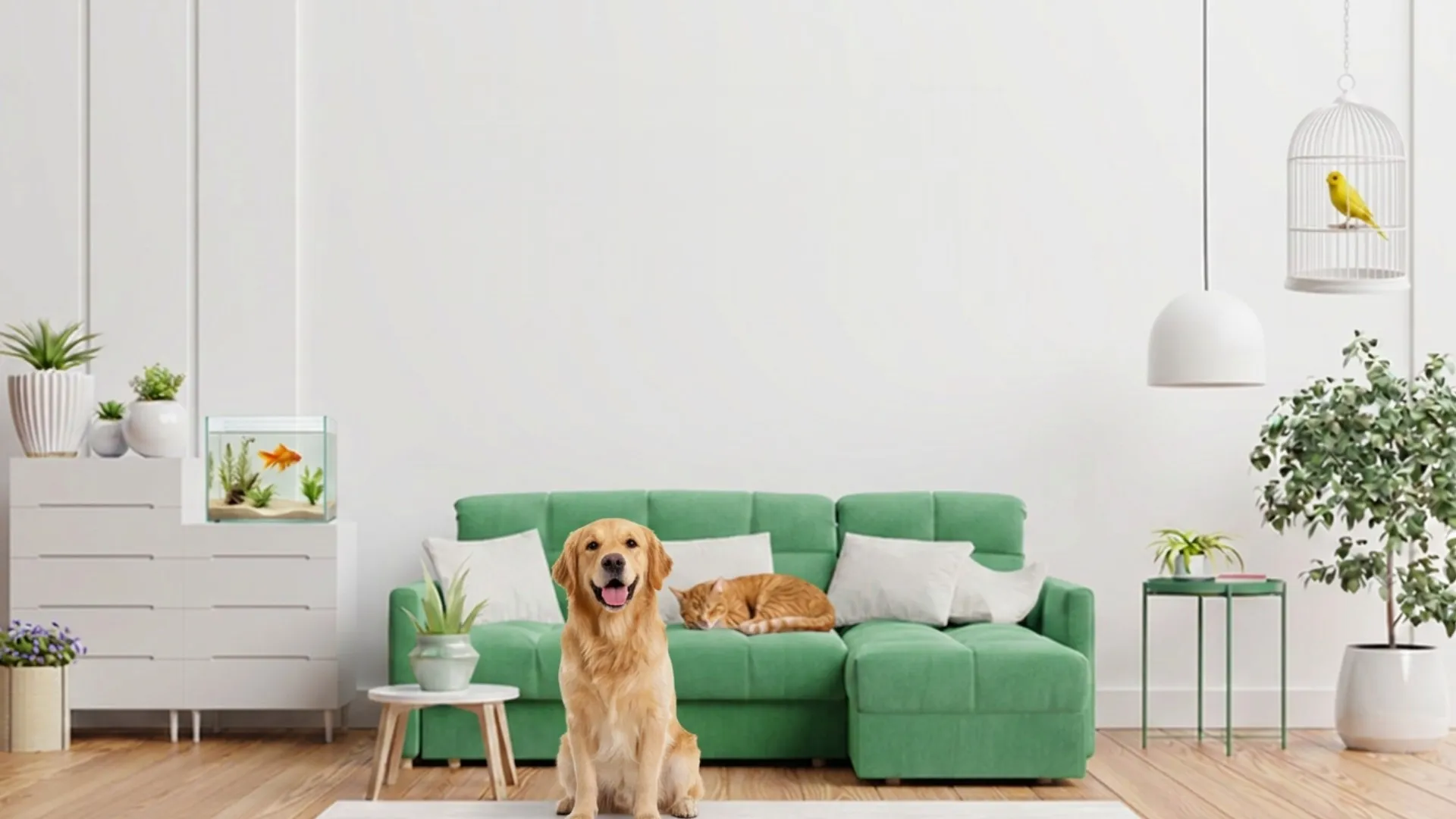 Sala de estar clara com um cachorro golden retriever sentado no tapete, um gato laranja dormindo no sofá verde, um canário na gaiola e um aquário com peixe sobre a cômoda