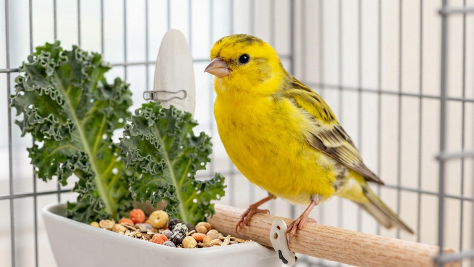 Canário amarelo pousado em um poleiro de madeira dentro da gaiola, ao lado de um comedouro branco onde folhas de couve estão apoiadas sobre sementes e pellets extrusados coloridos, com um osso de siba preso às barras logo atrás.