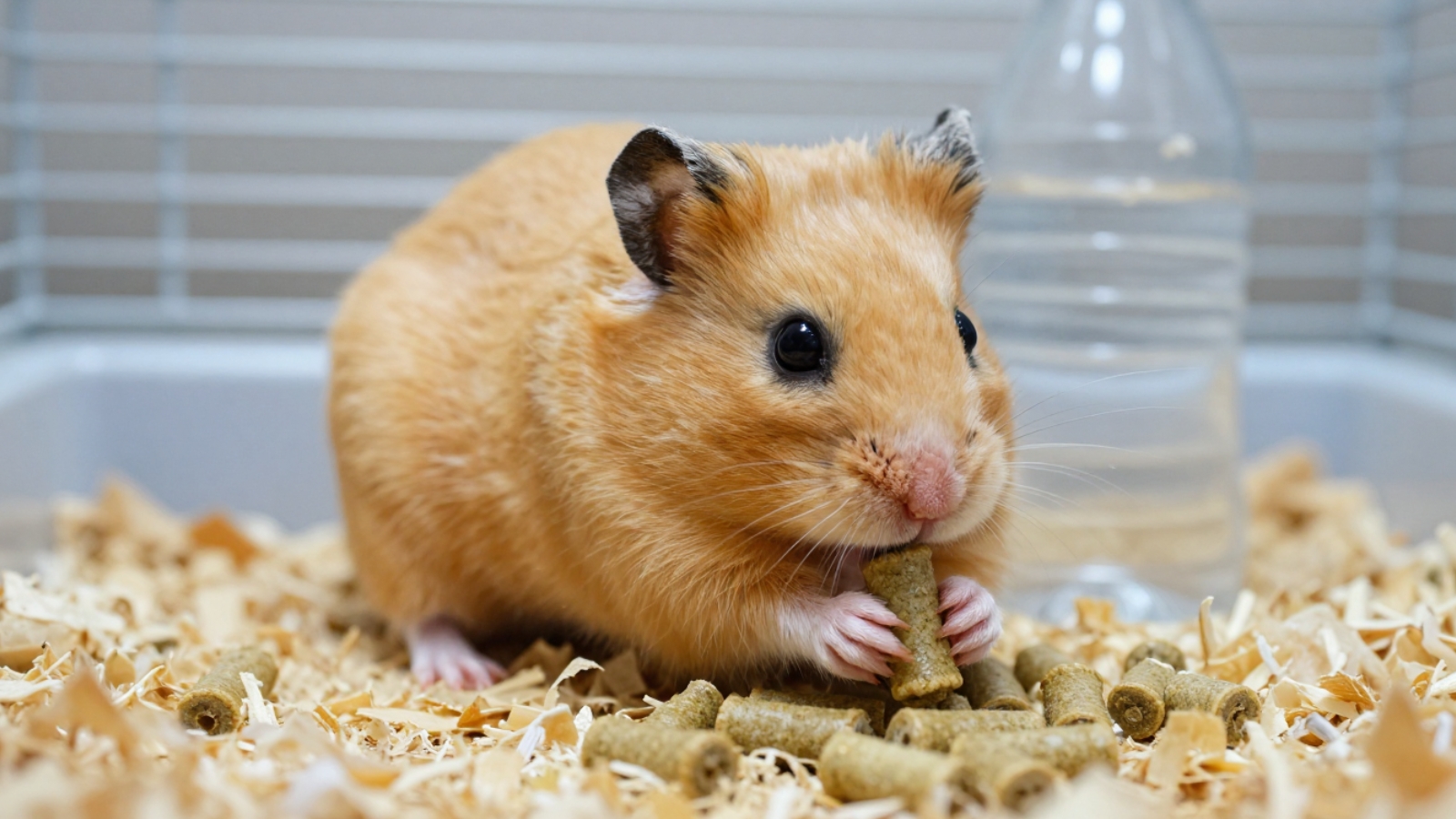 Hamster caramelo segurando um pellet cilíndrico de ração entre as patas dianteiras, com mais pellets espalhados sobre a serragem do fundo da gaiola e um bebedouro de garrafa ao fundo.